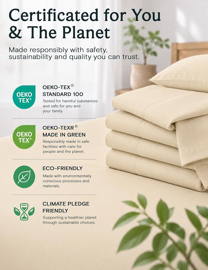 LuxClub California King Sheets Sets, Deep Pocket Cal King Sheet Bed Sheets 4PC, Cooling Sheet Cal King Size Breathable, Soft Hotel Luxury Bedding, Silky Fitted Sheet & Pillowcase Sets, Cream | LuxClub Silky Fitted Sheet & Pillowcase Sets, Breathable Ho...