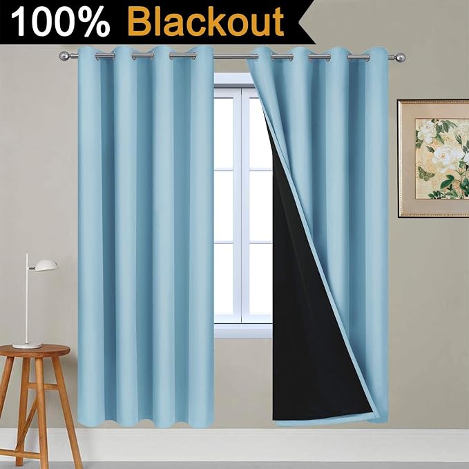 Yakamok Sky Blue 100% Blackout Curtains 72 Inches Long 52" Wide 2 Panel | Blackout Curtain Panels for Bedroom, 2 Thick Layers Grommet Top Thermal Insulated Drapes with Black Liner for Living Room