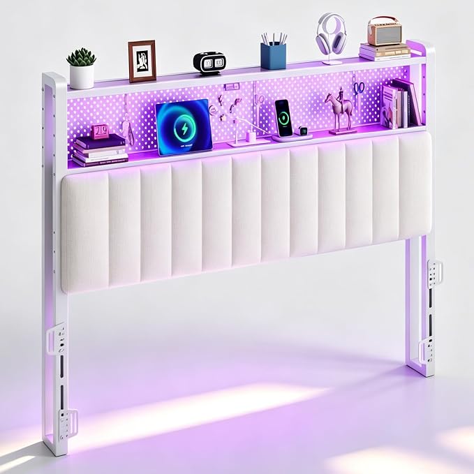 VINGLI Queen Size Headboard for Bed,Upholstered Headboards with Storage, Charging Stations and LED Lights, 2 Tier Shelves and Pegboard, Modern Bed Head Board, Adjustable Height, White