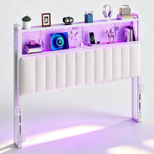 VINGLI Queen Size Headboard for Bed,Upholstered Headboards with Storage, Charging Stations and LED Lights, 2 Tier Shelves and Pegboard, Modern Bed Head Board, Adjustable Height, White