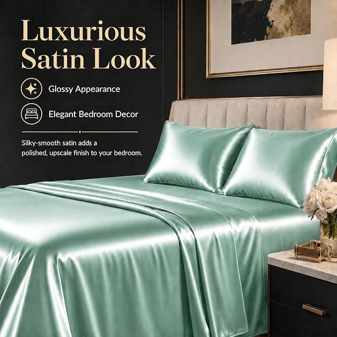 CozyLux Satin Sheets King, 4-Piece 14-Inch Deep Pocket Sheet Set | OEKO-TEX Certified Silky Soft Sheet Set for Hair & Skin, Luxurious Silky-Smooth Satin for Elegant Bedroom Decor, Aqua