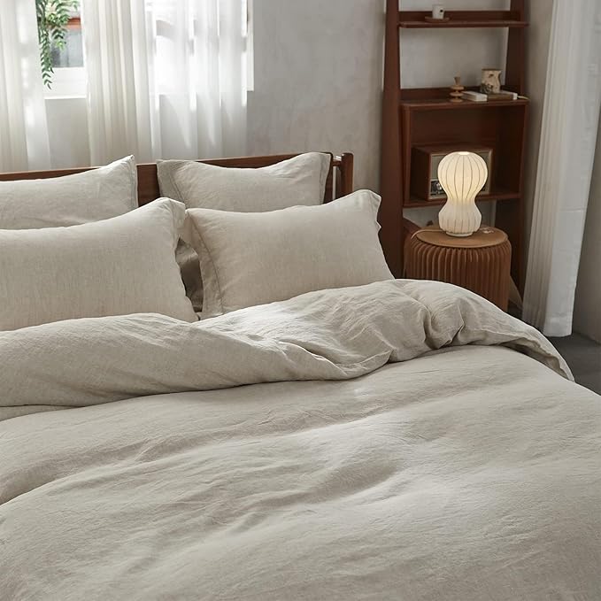 Simple&Opulence 100% Linen Duvet Cover Set with Embroidery Border Washed - 3 Pieces (1 Duvet Cover with 2 Pillow Shams) with Button Closure Soft Breathable Farmhouse - Linen, Full Size