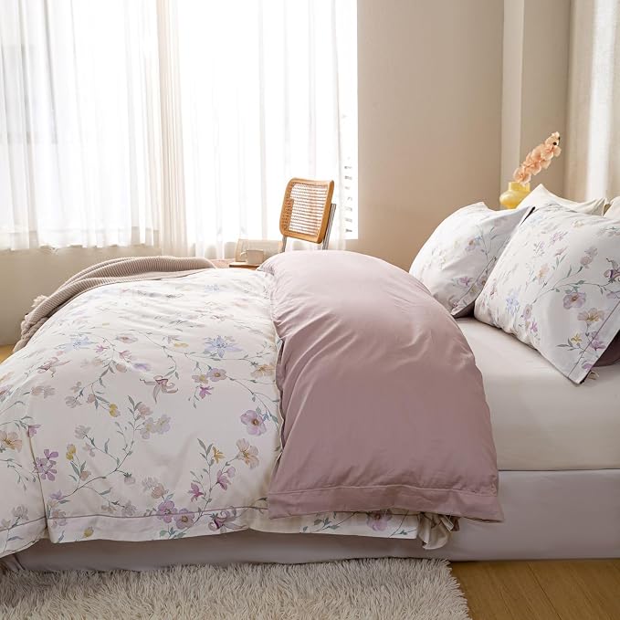 OAITE Queen Floral Pattern Duvet Cover Set Unique Design 3pcs 100% Cotton | Exquisite Stitched Hem, Breathable,Soft,Hidden Zipper,8 Corner Ties,Easy Care for All Season