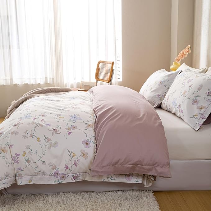 OAITE King Floral Pattern Duvet Cover Set Unique Design 3pcs 100% Cotton | Exquisite Stitched Hem, Breathable,Soft,Dual Zipper,8 Corner Ties,Easy Care for All Season