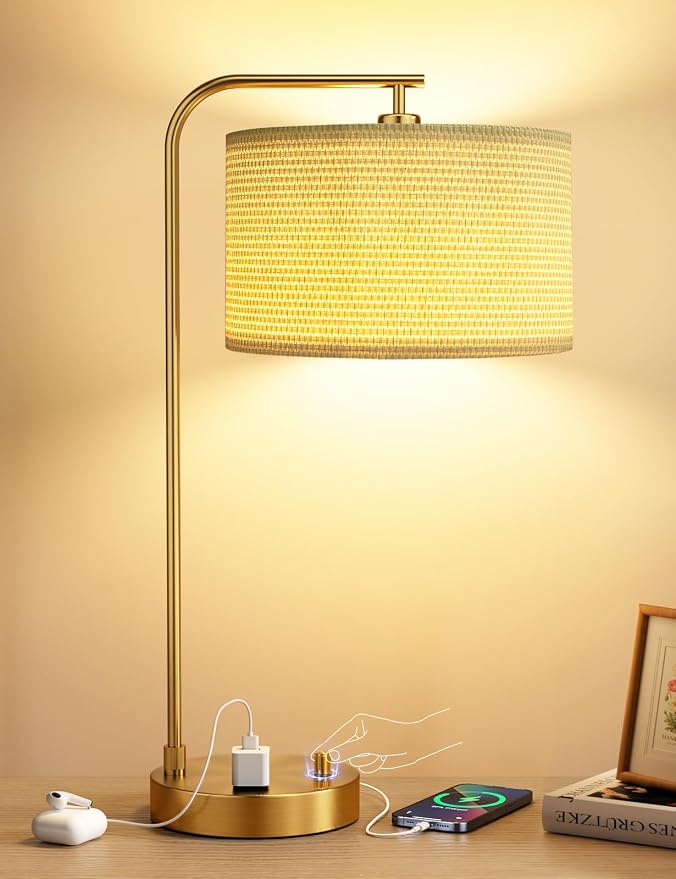 Innqoo Gold Table Lamp with Weaving lampshade, Table Lamp for Bedroom with USB Port and Outlet, Dimmable Nightstand Bedside Lamps with Linen Lampshade, Desk Lamp for Home Office, Living Room