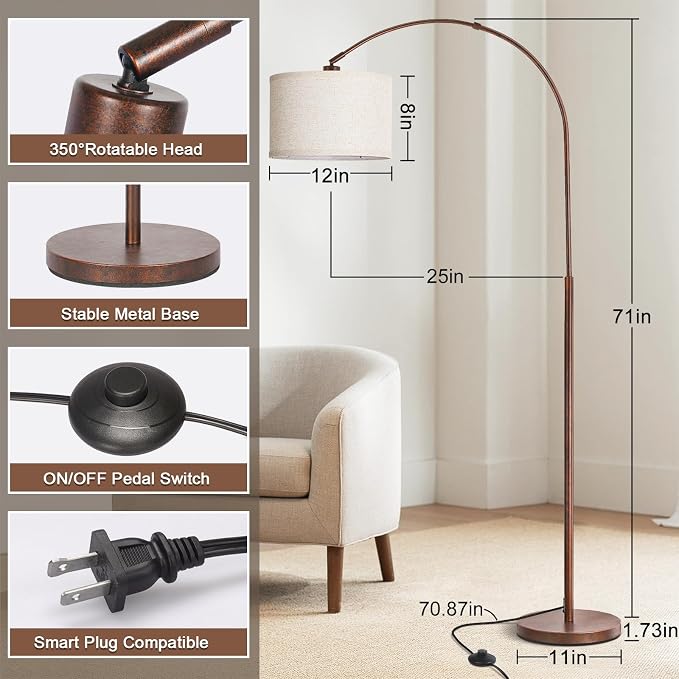 Floor Lamp for Living Room, Vintage Arc Floor Lamp with Adjustable Lamp Head, Tall Pole Lamp with On/Off Pedal Switch, Over Couch Arched Reading Light for Bedroom, Office, Study Room (Antique Bronze)