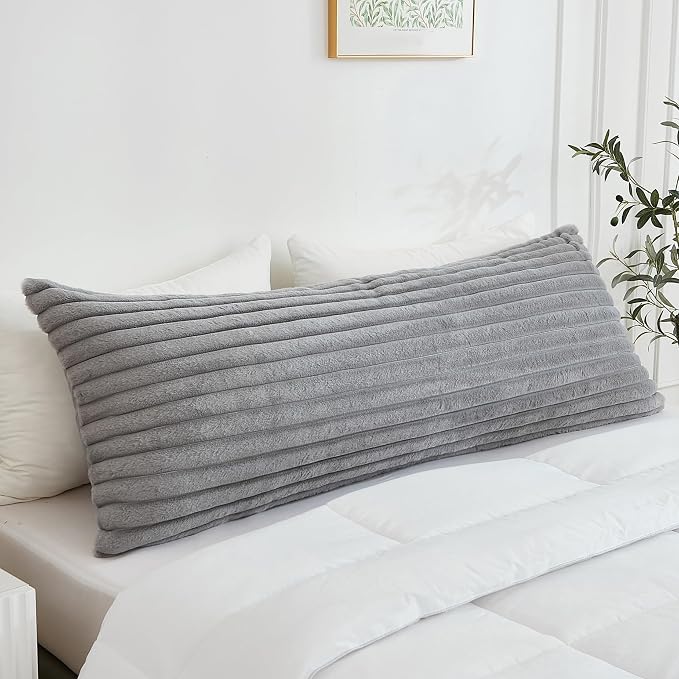 Full Body Pillow with Fluffy Stripe Faux Fur Removable Cover, Long Bed Pillow Adult 20x54 Inches for Side Sleeper and Pregnancy, Gray.
