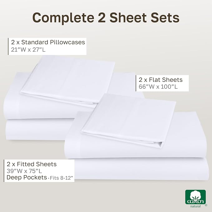 2-Pack Soft Natural 100% Cotton Sateen Twin Sheets Set, Bright White | Backed by Good Housekeeping Seal, Light & Breathable For Hot Sleepers, All-Around Elastic, Durable, Easy Care