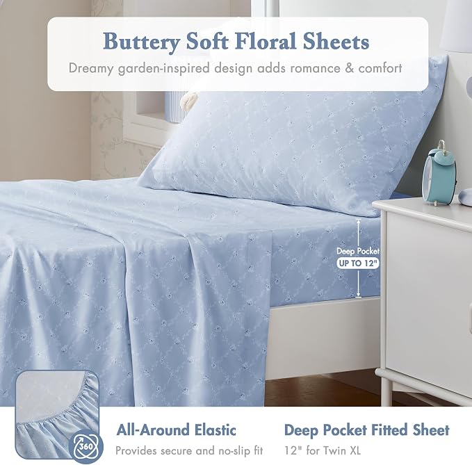 Madison Park Essentials Blue Floral Comforter Set with Sheets Twin XL,5pc | Reversible, Elegant College Dorm Bedding, Ruffle Bed in a Bag, All Season, Machine Washable, Wrinkle Resistant, Ultra Soft