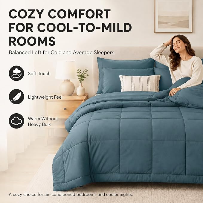 King Size Comforter Set Mineral Blue - 7 Pieces Bed in a Bag | OEKO-TEX Certified, All-Season, Bedroom, Guest Room, Down-Alternative Comforter + Flat & Fitted Sheets + 4 Pillowcases