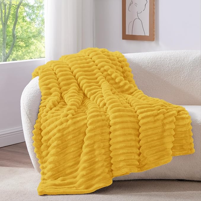 BEDELITE Striped Fleece Throw Blanket, Light Yellow, 50"x60" | 300GSM Microfiber Fleece, Soft Cozy, Lightweight Warm, Double-Sided Plush, Machine Washable, Gift, Room Decor, for Couch Sofa