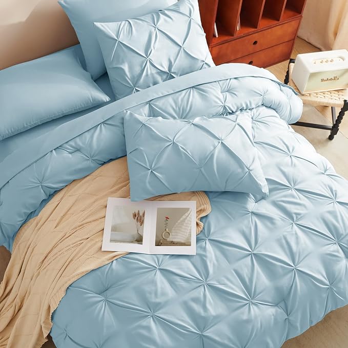 HIMEET Queen Comforter Set Light Blue - 7 Pieces Pintuck Bed in a Bag | OEKO-TEX Certified, 240GSM Down Alternative Comforter, 14" Deep Pocket Fitted Sheet + Flat Sheet + 2 Pillowcases + 2 Shams