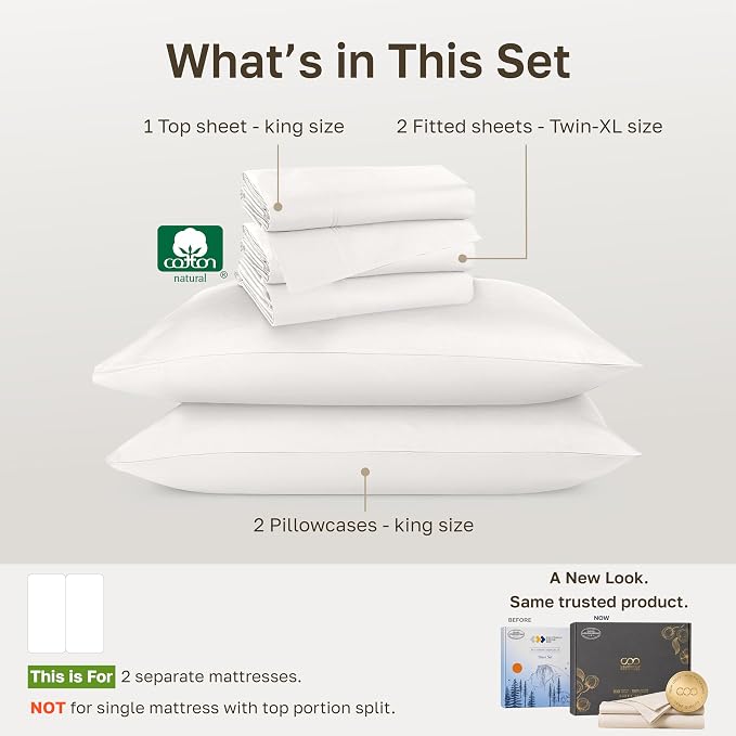California Design Den 800 Thread Count Split King Sheets, 5 Pc, True Ivory | 100% Cotton Sateen, Good Housekeeping Seal, Split King Sheets Sets for Adjustable Bed with 2 Separate Twin-XL Mattresses