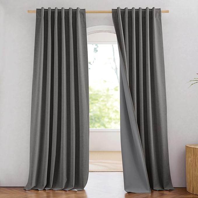 NICETOWN 100% Blackout Linen Curtains 84 inch Long 2 Panels, Grizzle Gray | Back Tab Cozy Bedroom Curtains for Daytime Sleep, Noise Reducing, Privacy Protection, Energy Saving, W52" x L84" per Panel
