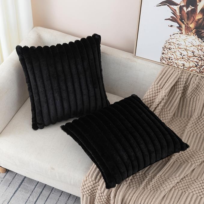 ZLINA Black Striped Faux Fur Throw Pillow Covers 26 x 26 Inch | 2‑Pack, boho striped pillow covers,velvet back,fuzzy plush cushion covers , for sofa bed livingroom home decor