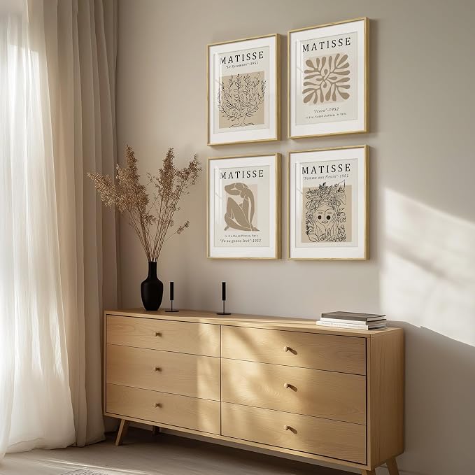 Framed Neutral Beige Matisse Abstract Wall Art for Bathroom, 12x16 Inch | Set of 4, Modern minimalist, Botanical prints, Living room, Dining room, Bedroom, Home office decor