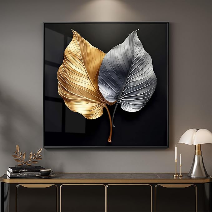 Framed Modern Gold and Silver Elegant Luxury Wall Art Decor, 24x24 In | Leaf, Canvas prints, Contemporary paintings, Minimalist pictures, Black, Living room, Dining room, Lounge wall decor