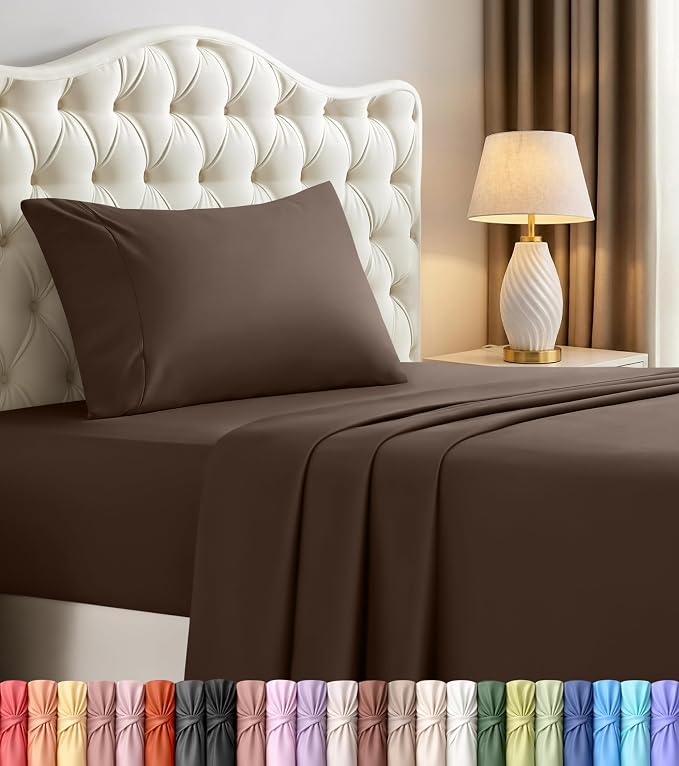 Twin Sheets Set, 3 Pieces 16" Deep Pocket Hotel Luxury Bed Sheets, Brown | Extra Soft Bedsheet Set, Comfy & Breathable Cooling Sheets, Wrinkle & Fade Resistant, Fitted Sheet, Flat Sheet, 1 Pillowcase