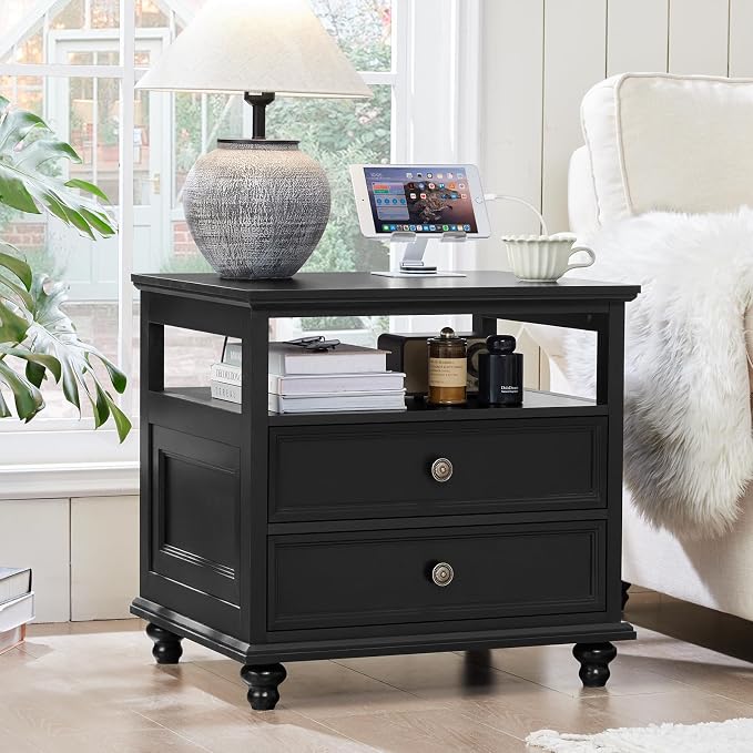 Joaxswe Farmhouse Nightstand with Charging Station, 24" Wide End Table with 2 Drawers, Black Dresser for Bedroom, Bed Side Table Chest of Drawers Cabinet,Wood Night Stand for Living Room, Closet