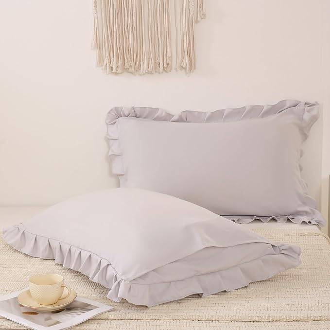 Beige Gray Pillow Shams Cute Ruffle Queen Pillowcases Solid Pillow Cover Set of 2 Shabby Chic Soft Light Gray Pillowcases 2 Pack (Queen (20''x30''), Beige Gray)