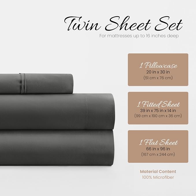 Linen Market Bed Sheets for Twin Size Bed (Gray) - Sleep Better Than Ever with These Soft and Cooling Twin Sheets - Deep Pocket Fits 16" Thick Beds - 3 Piece Twin Sheet Set