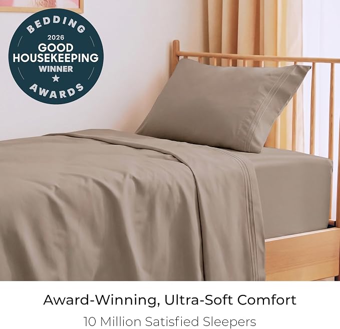 Mellanni Iconic 3-Piece, Ultra Soft Sheet Set (Twin, Tan) | 10M+ Sleepers. Lab-tested: Sleeps Cool, Stays Bright, Strong, Smooth. Good Housekeeping Best Bedding, 7 yrs running.