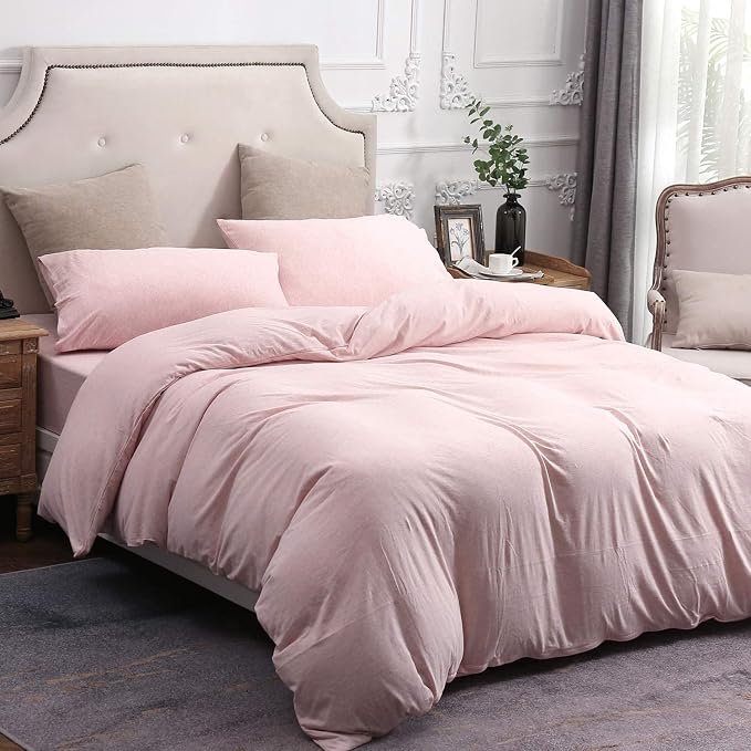 PURE ERA Jersey Knit Sheet Set Heather Pink King | 100% Cotton, 3 Piece Set, T Shirt Soft, Breathable, Envelope Closure Pillowcases, Hidden Zipper, 8 Ties, No Insert, Modern
