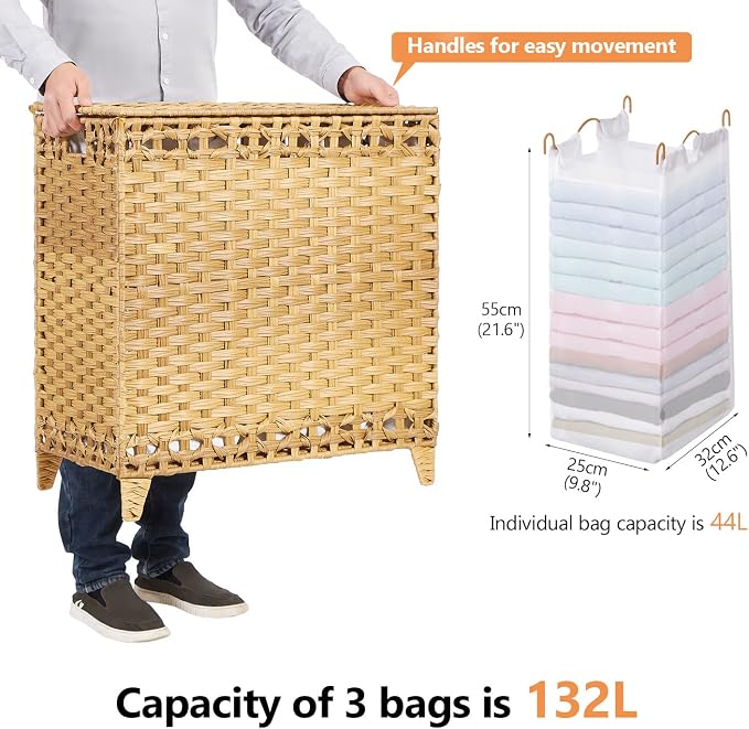Laundry Hamper with 3 Removable Liner Bags, 132L Laundry Sorter with Lid | Raised Feet; Side Carry Handles; Handwoven PP Rattan; Rust-Resistant Iron Frame; Decorative Woven Design