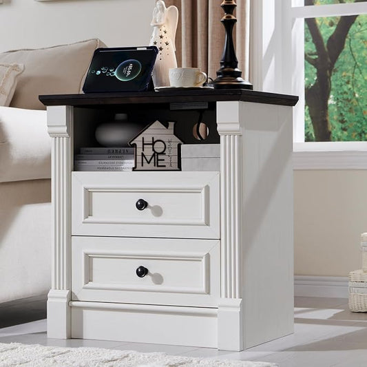 Aitjunz 26" Tall 2 Drawers Dresser for Bedroom, End Table, Antique White | Farmhouse 23.6" Wide Large Nightstand with Charging Station, Wood Rustic Side Tablew/Roman Column for Bedroom, Living Room