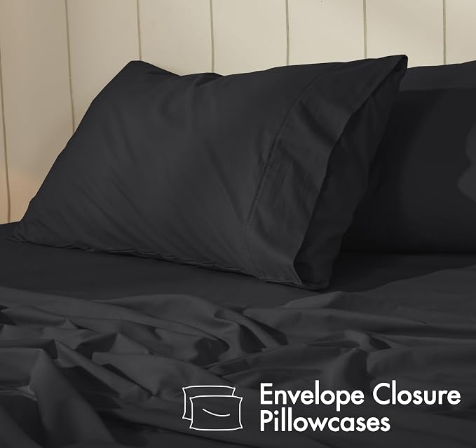 RUVANTI 100% Cotton Percale Sheets Split King Size, Jet Black | Crisp Cooling, Deep Pocket 16", Soft Breathable & Durable, Hotel-Style, 5 Piece Set