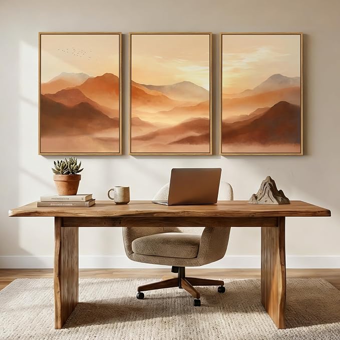 Framed Orange Abstract Mountain Wall Art for Living Room, 3 Piece, 24x36 In | Large, Landscape, Sunset scenic, Terracotta, Modern, Hallway, Home office, Dining room, Bedroom wall decor, Canvas artwork