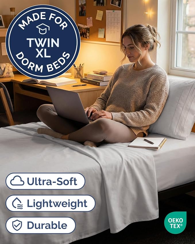 Twin XL 3 Piece Sheet Set - College Dorm Room Essentials - Light Grey | Deep Pocket Bed Sheets for Women, Men, Teens & Students, Soft, Cooling, Breathable & Wrinkle Free, Oeko-Tex Bed Sheet Set
