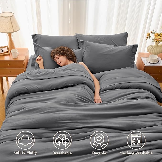 7 Pieces King Comforter Set, Soft Bed in a Bag King Size, All Season Bedding Set with Comforter, Flat Sheet, Fitted Sheet, Pillowcases & Shams, Dark Grey