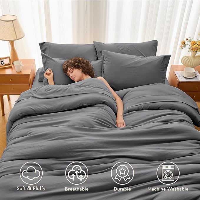 7 Pieces California King Comforter Set, Soft Bed in a Bag Cal King Size, All Season Bedding Set with Comforter, Flat Sheet, Fitted Sheet, Pillowcases & Shams, Dark Grey