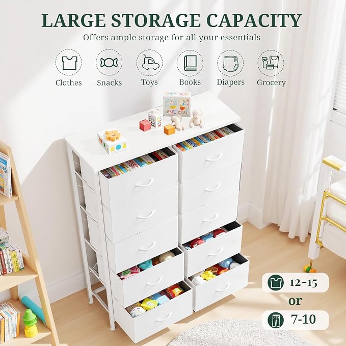 10-Drawer Dresser for Bedroom, Anti-Tip Tall Storage Organizer | Chest of Drawers with Wooden Top and Metal Frame Fabric Bins for Closet, Living Room, Hallway, Entryway, White