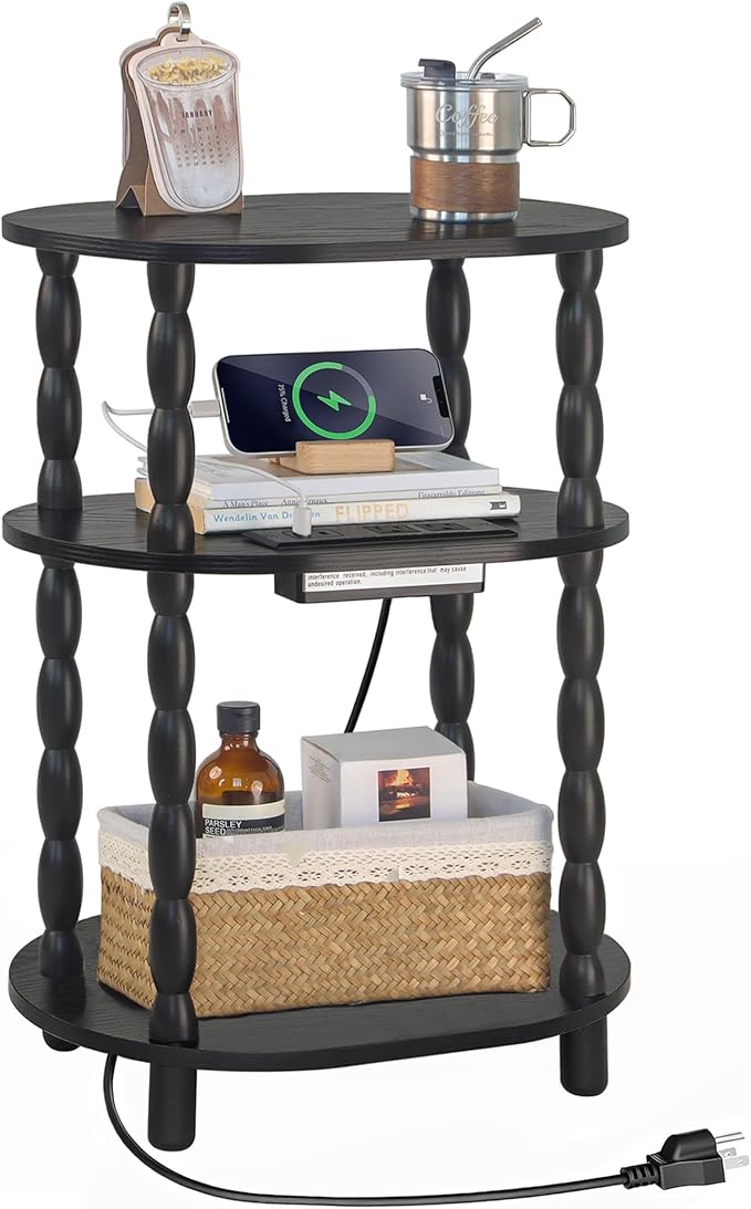 MaxSmeo Black Side Table with Charging Station, 3-Tier Small Oval End Table with USB Ports and Outlet, Modern Night Stand Wood Accent Table for Living Room, Bedroom, Black