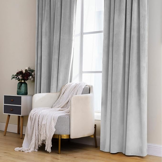 MIULEE Greyish White Velvet Blackout Curtains 52x108 inches 2 Panels | Luxury, Thermal Insulated, Super Soft Window Drapes for Bedroom Living Room, Rod Pocket & Back Tab