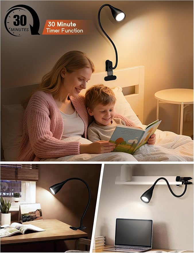 2 PCS Reading Light for Book in Bed,Clip on Light Reading Lamp with Adapter | 5 Color Modes 10 Brightness, Eye-Caring Clip on Desk Lamp Book Light for Reading in Bed Headboard Bedside Bedroom (Black)