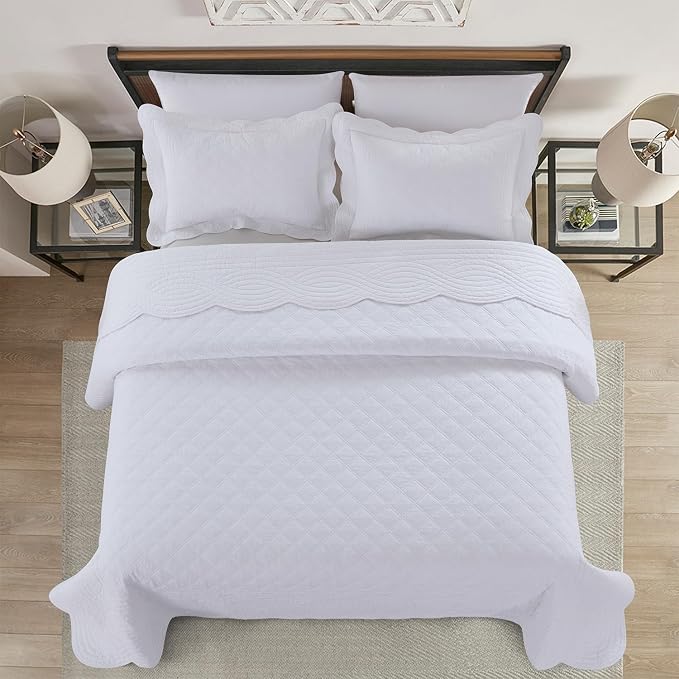 meadow park Quilt Set Queen Size - 3 Pieces, 100% Cotton Lightweight Coverlet with Diamond Pattern and Scallop Edges, Ultra Soft, Pet-Friendly, All-Season Use, White