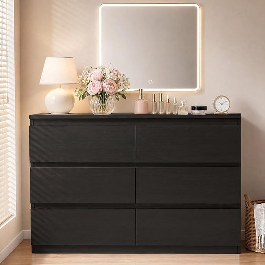 6 Drawer Double Dresser for Bedroom, Modern Simply Chest of Drawers, Wood Storage Dresser with Anti-Tipping for Living Room Hallway Entryway, Nursy Black (15.3" D x 47.2" W x 32.3" H)