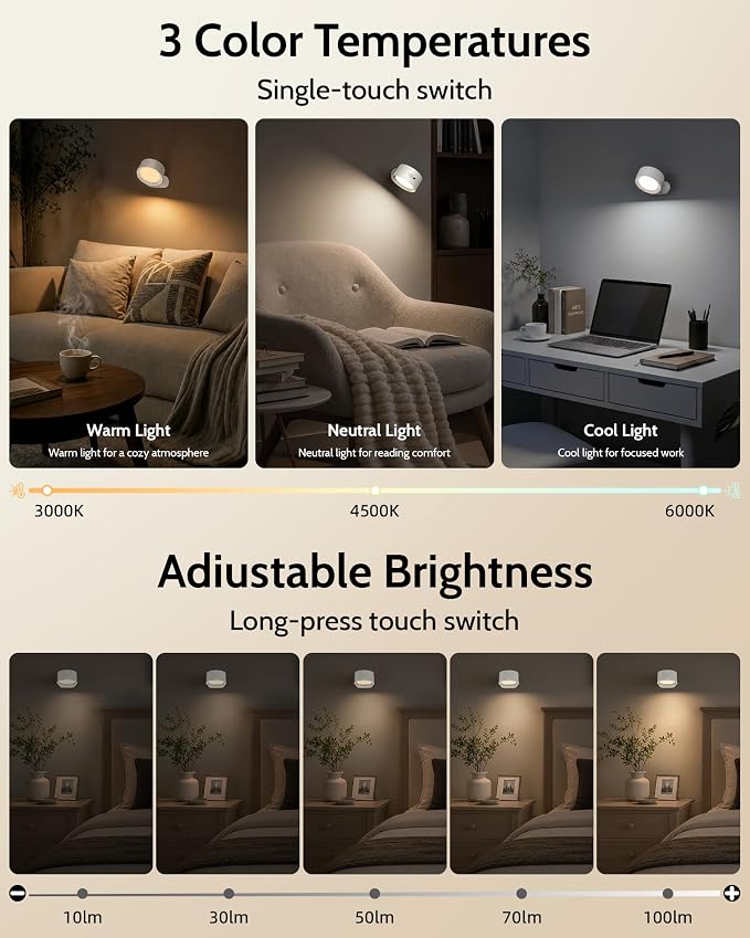 LED Wall Mounted Lights, Rechargeable Wall Sconces, 3 Color Temps, Remote & Touch, 360° Rotating and Dimmable for Bedroom, Bedside & Reading (White, 2 Pack)