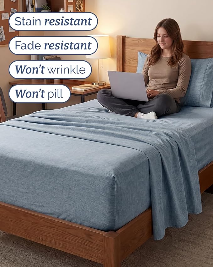 Extra Deep Twin XL Sheet Set - 3 Piece College Dorm Room - Heathered Blue | Soft, Breathable & Cooling, Easily Fits 18 to 24 inch Mattress, Wrinkle Free & Fade Resistant with Extra Deep Pockets