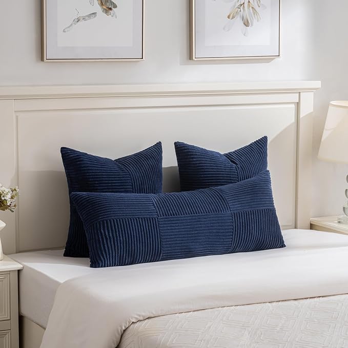 Fancy Homi Set of 2 Navy Blue Boho Long Lumbar Body Decorative Throw Pillow Cover 14x36 Inch for Bed Couch Bedroom Bench, Soft Patchwork Corduroy Textured Pillow Case, Rustic Farmhouse Room Décor