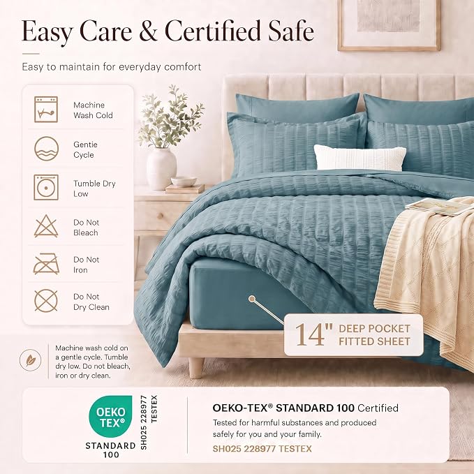 Queen Comforter Set, 7 Pieces Mineral Blue Seersucker Bed in a Bag | OEKO-TEX Certified, All Season Bedding Set with 240 GSM Down Alternative Comforter, Flat & Fitted Sheets, Pillowcases & Shams
