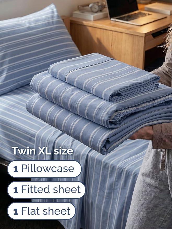 Extra Deep Twin XL Sheet Set - 3 Piece College Dorm Room - Blue Stripes | Soft, Breathable & Cooling, Easily Fits 18 to 24 inch Mattress, Wrinkle Free & Fade Resistant with Extra Deep Pockets