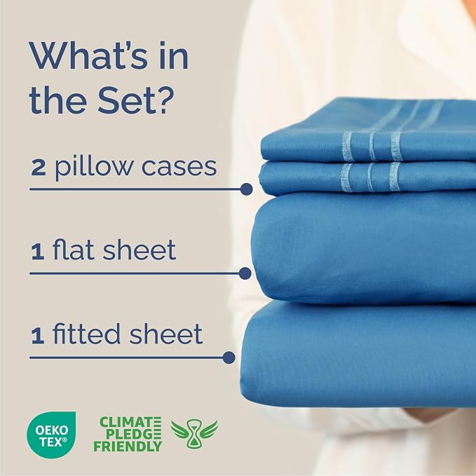 Cal King Size 4 Piece Sheet Set - Breathable & Cooling Sheets - Denim Blue | Hotel Luxury Bed Sheets for Women & Men, Deep Pockets, Easy-Fit, Extra Soft & Wrinkle Free Sheets, Oeko-Tex Bed Sheet Set