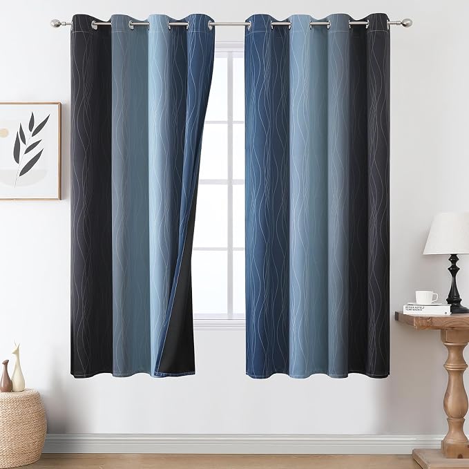 Navy Blue and Black Ombre Blackout Curtains for Bedroom 63 Inch Length | Estelar Textiler Room Darkening,Thermal Insulated,Full Light Blocking,Grommet Window Drapes for Living Room,52Wx63L,2 Panels