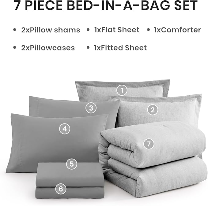 Monbix Queen Comforter Set 7 Pieces Light Grey Cationic Dyeing Bed in a Bag | Lightweight Reversible All Season Bedding Sets with Comforter, Sheets, Pillowcases & Shams