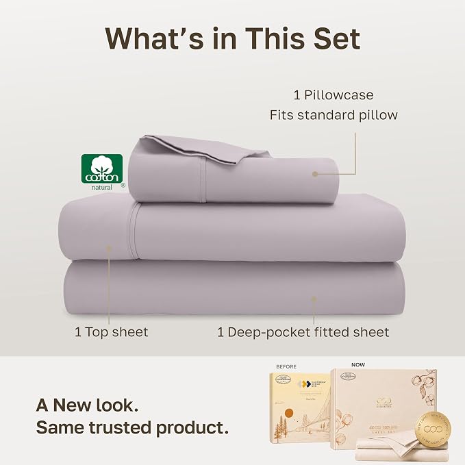 California Design Den Soft 100% Cotton Sateen Twin Size Sheets Set, 3 Pcs | 400 Thread Count Backed by Good Housekeeping Seal, All-Around Elastic, Easy Care, OEKO-TEX certified - Dusky Lavender Grey