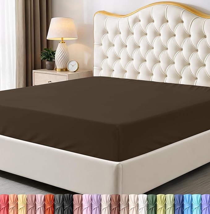 King Fitted Sheet, Ultra Soft Fits Up to 16 Inch Deep Pocket, Brown | Hotel Comfort, Cooling & Breathable Cotton like Polyester, Easy Fit, Wrinkle & Fade Resistant, Snug Fit, Easy Care, Oeko-Tex